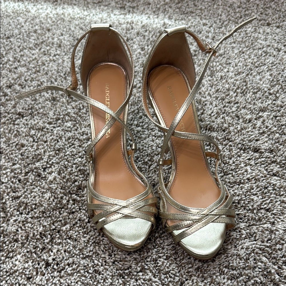 Badgley Mischka Gold Strappy Heels with Crisscross Design